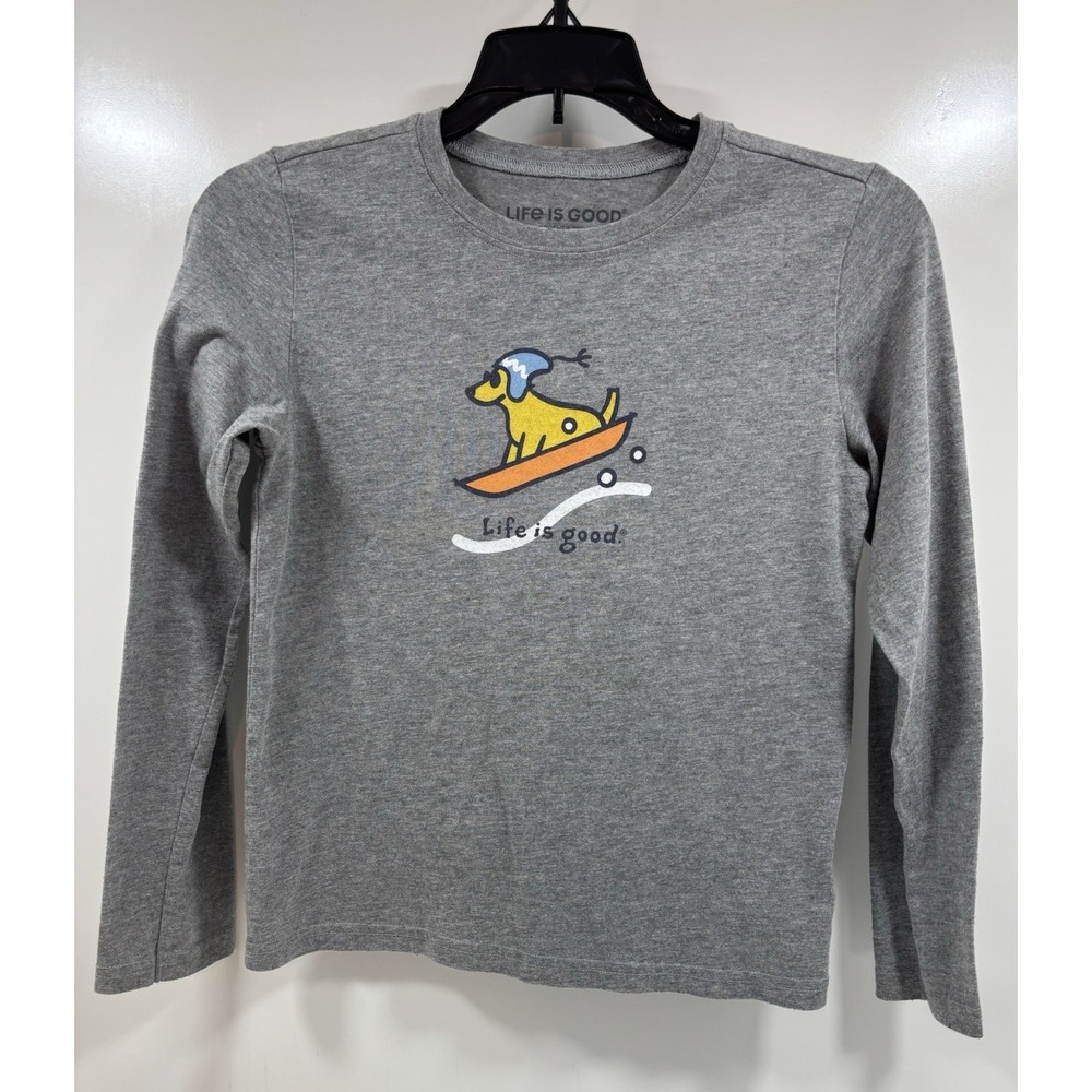 Life Is Good Long Sleeve Crusher Tee Gray Boys Size Medium Dog Sledding EUC